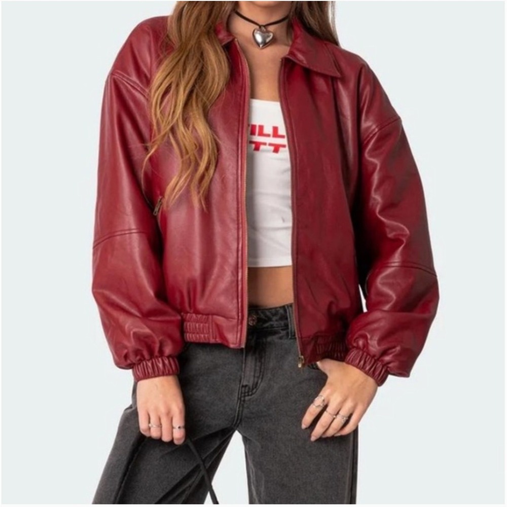 Edikted Halley Faux Leather Bomber Jacket Sz Small Bordu Red Moto $168 Pristine